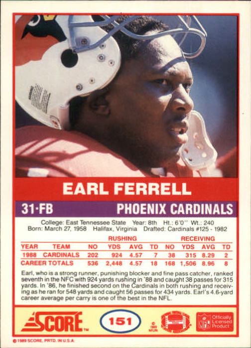 1989 Score #151 Earl Ferrell back image