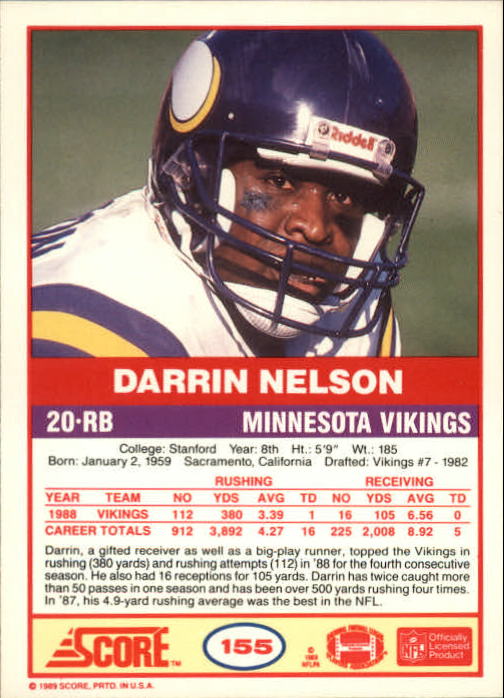 1989 Score #155 Darrin Nelson back image