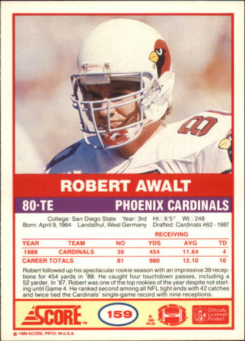 1989 Score #159 Robert Awalt back image