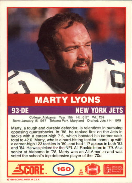 1989 Score #160 Marty Lyons back image