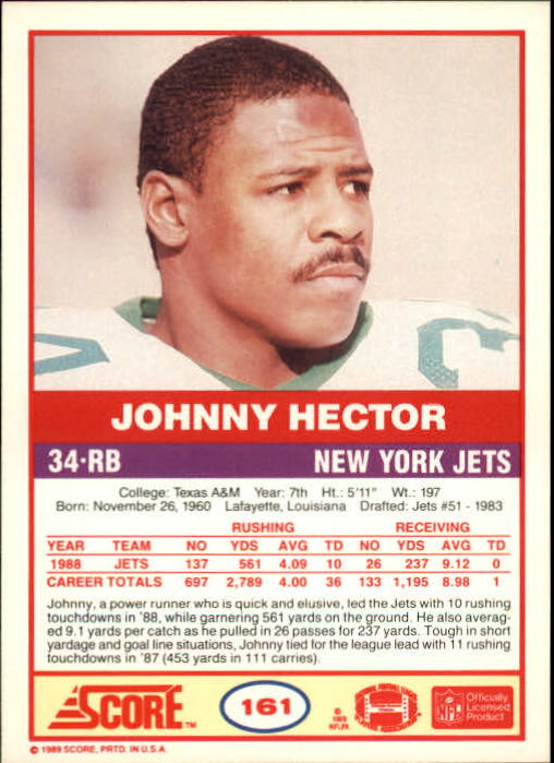1989 Score #161 Johnny Hector back image