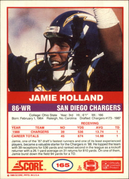 1989 Score #165 Jamie Holland RC back image