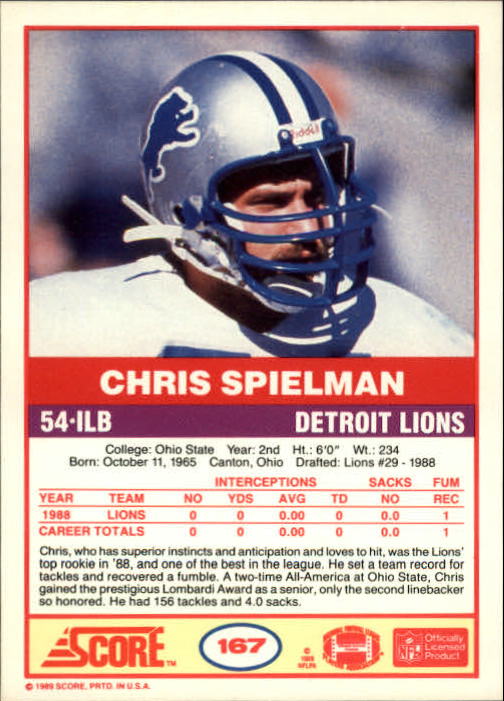 1989 Score #167 Chris Spielman RC back image