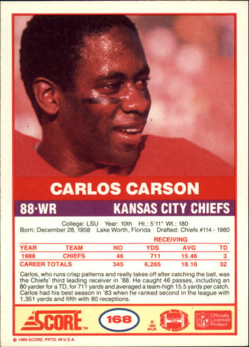 1989 Score #168 Carlos Carson back image