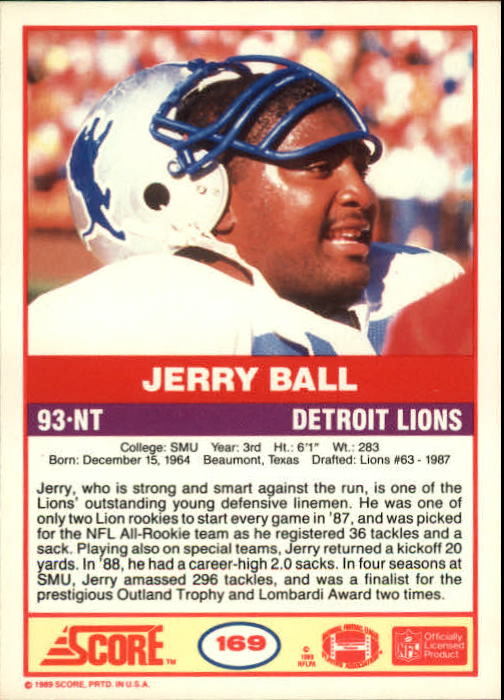 1989 Score #169 Jerry Ball RC back image