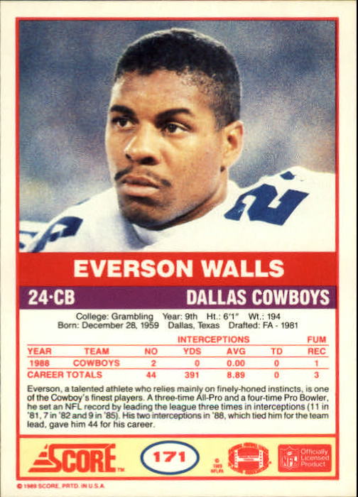 1989 Score #171 Everson Walls back image