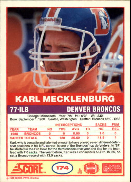 1989 Score #174 Karl Mecklenburg back image