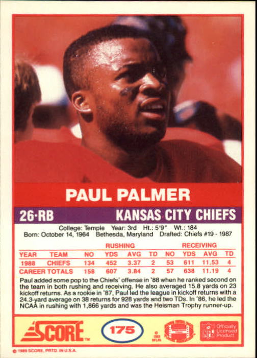 1989 Score #175 Paul Palmer back image