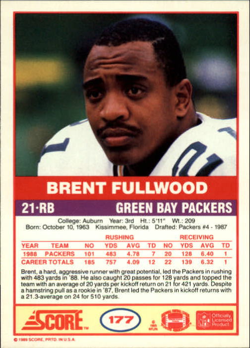 1989 Score #177 Brent Fullwood RC back image