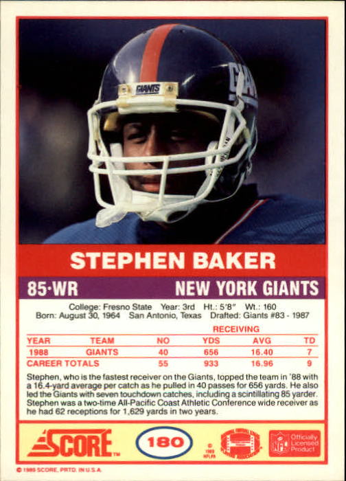 1989 Score #180 Stephen Baker RC back image