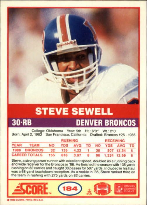 1989 Score #184 Steve Sewell RC back image