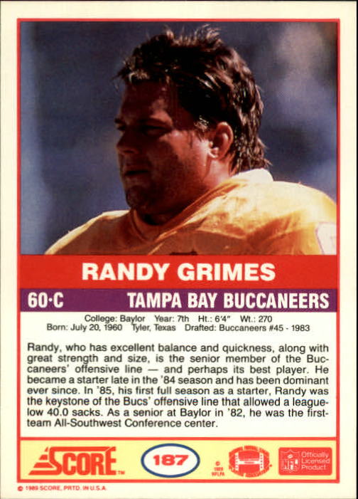 1989 Score #187 Randy Grimes RC back image
