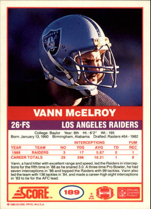 1989 Score #189 Vann McElroy back image