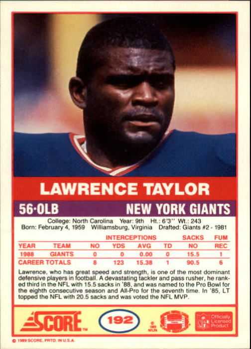 1989 Score #192 Lawrence Taylor back image