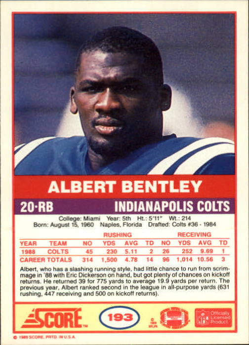 1989 Score #193 Albert Bentley back image