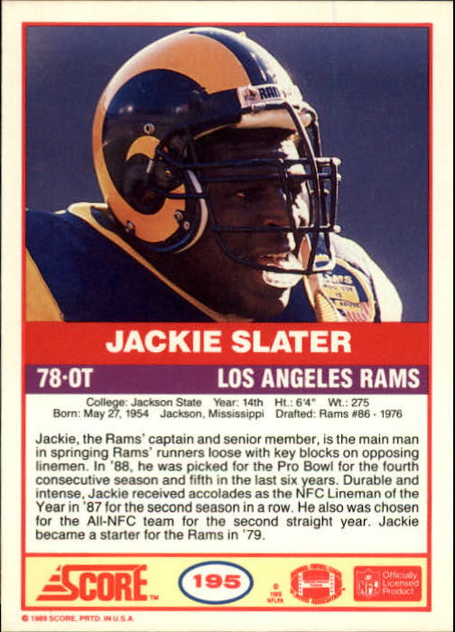 1989 Score #195 Jackie Slater back image