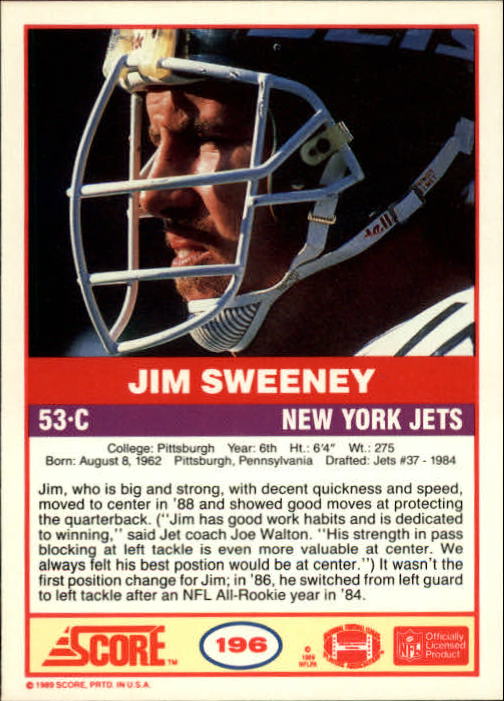 1989 Score #196 Jim Sweeney back image