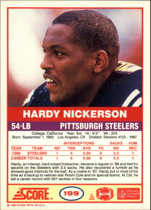 1989 Score #199 Hardy Nickerson RC back image