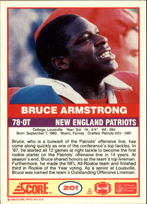 1989 Score #201 Bruce Armstrong RC back image