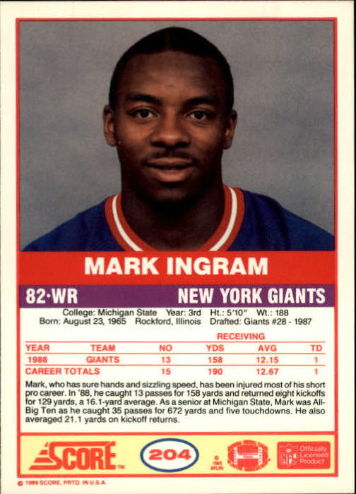 1989 Score #204 Mark Ingram RC back image