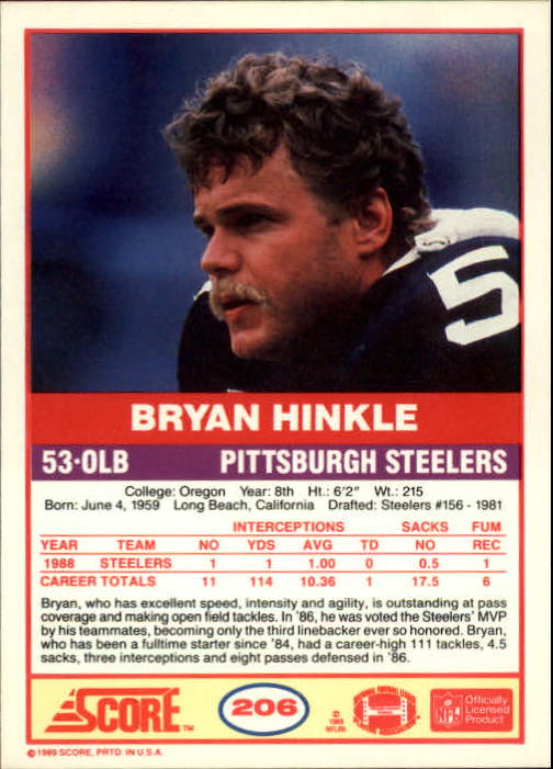 1989 Score #206 Bryan Hinkle RC back image