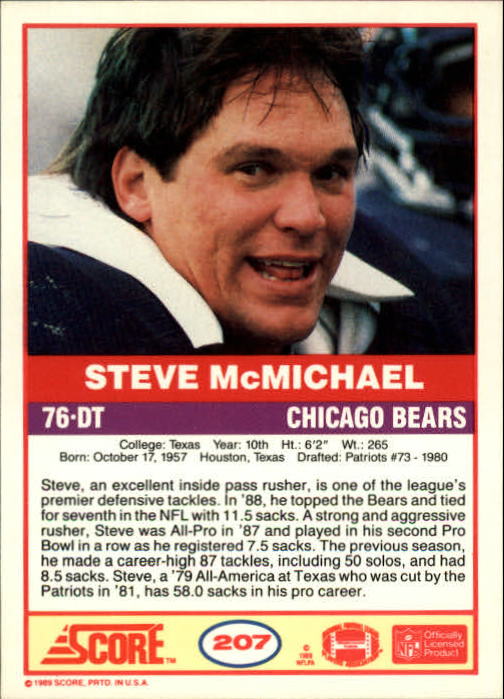 1989 Score #207 Steve McMichael back image