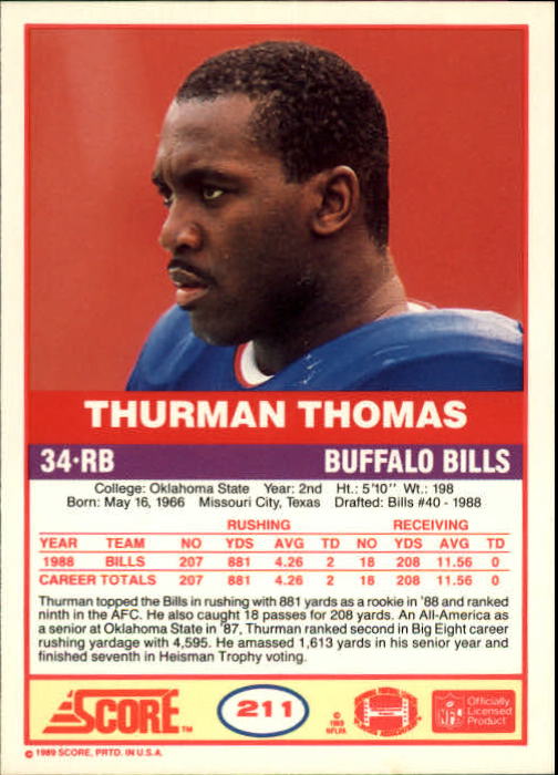 1989 Score #211 Thurman Thomas RC back image