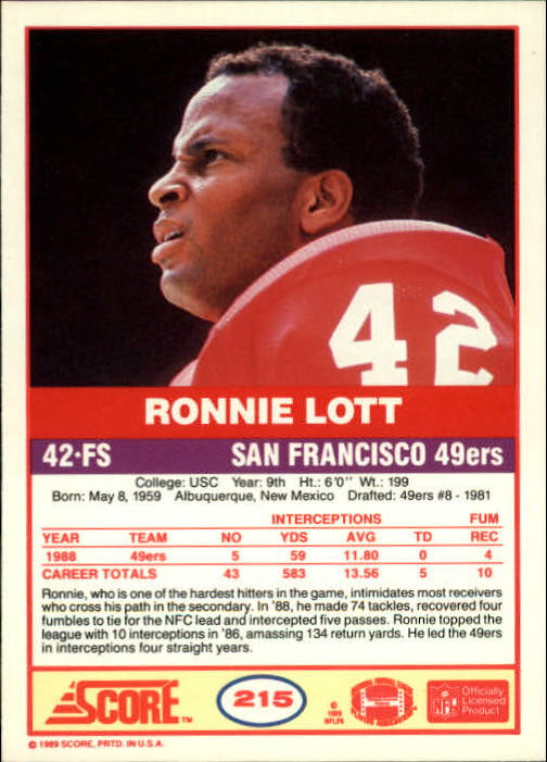 1989 Score #215 Ronnie Lott back image