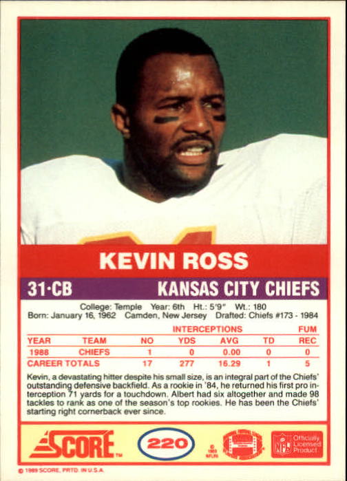 1989 Score #220 Kevin Ross RC back image