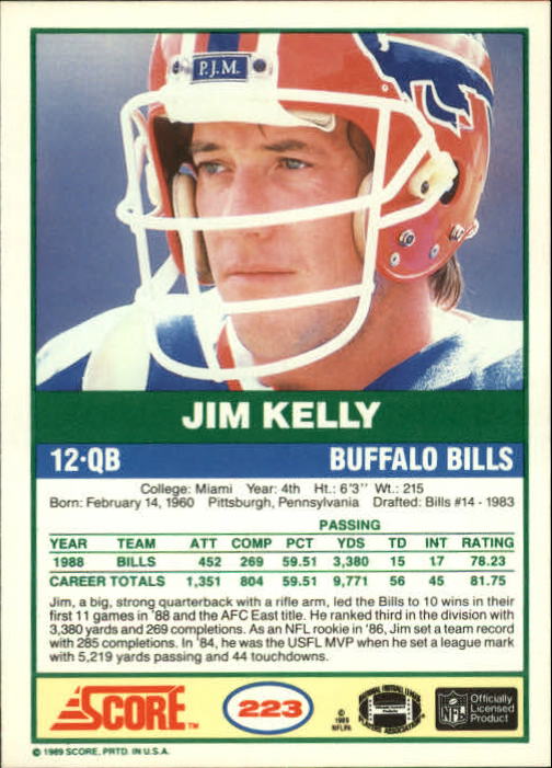 1989 Score #223 Jim Kelly back image