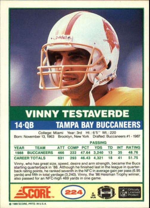 1989 Score #224 Vinny Testaverde back image