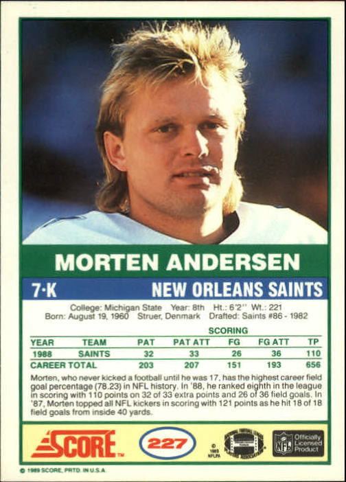 1989 Score #227 Morten Andersen back image