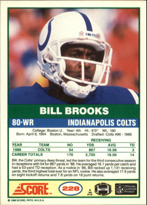 1989 Score #228 Bill Brooks back image
