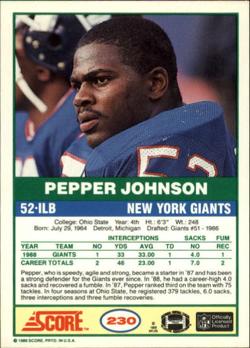 1989 Score #230 Pepper Johnson back image