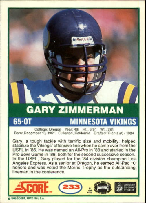 1989 Score #233 Gary Zimmerman back image