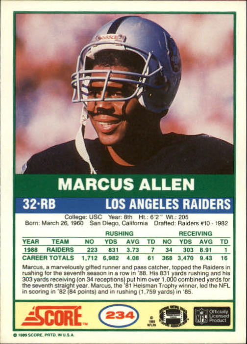 1989 Score #234 Marcus Allen back image