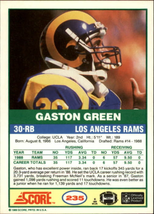 1989 Score #235 Gaston Green RC back image