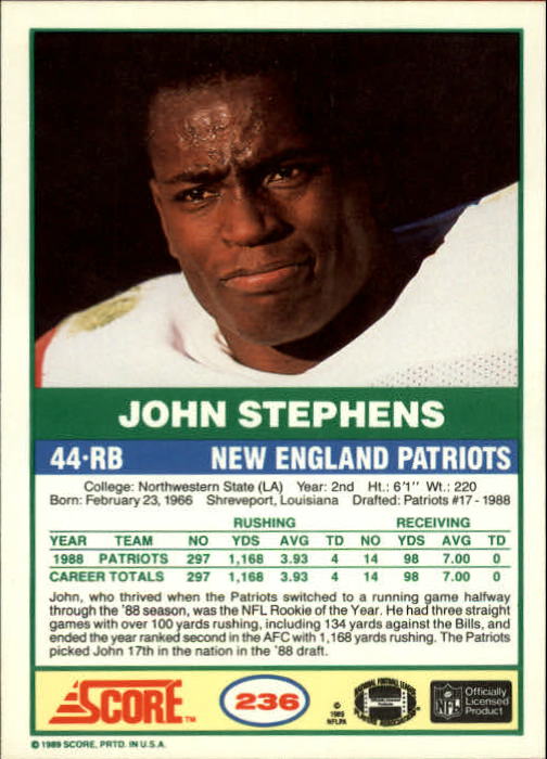 1989 Score #236 John Stephens RC back image