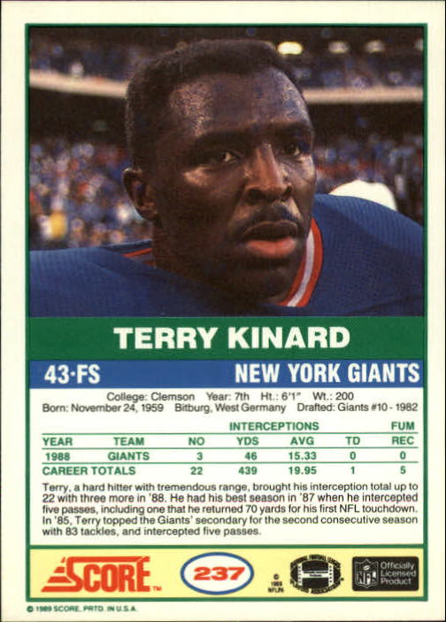 1989 Score #237 Terry Kinard back image