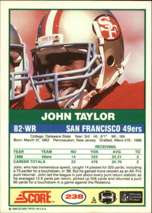 1989 Score #238 John Taylor RC back image