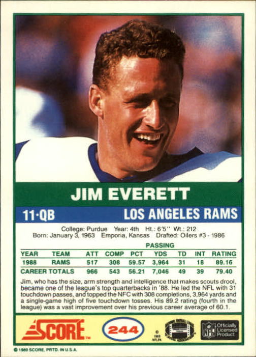 1989 Score #244 Jim Everett back image