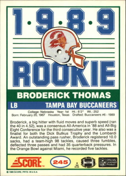 1989 Score #245 Broderick Thomas RC back image