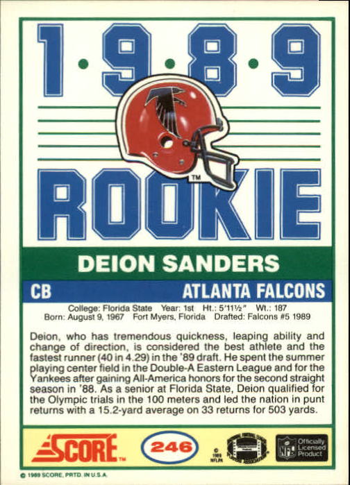 1989 Score #246 Deion Sanders RC back image