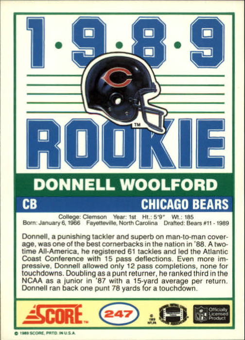 1989 Score #247 Donnell Woolford RC back image