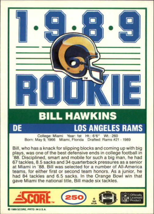 1989 Score #250 Bill Hawkins RC back image