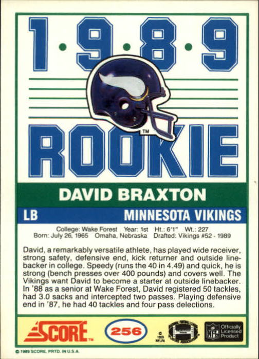 1989 Score #256 David Braxton back image