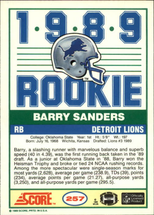 1989 Score #257 Barry Sanders RC back image