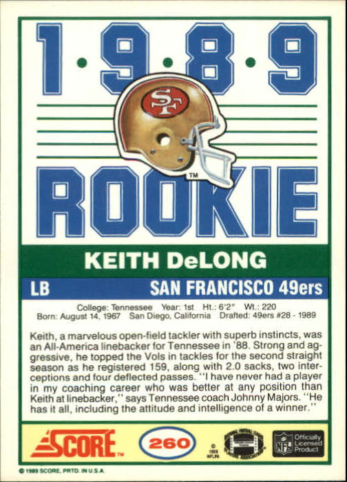 1989 Score #260 Keith DeLong RC back image