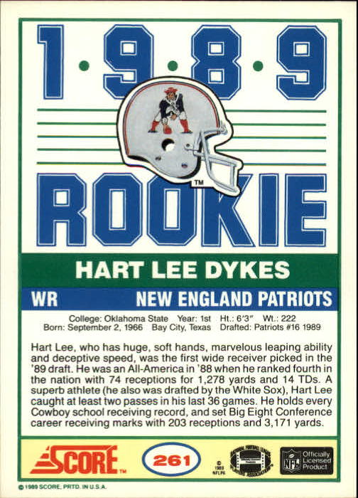1989 Score #261 Hart Lee Dykes RC back image