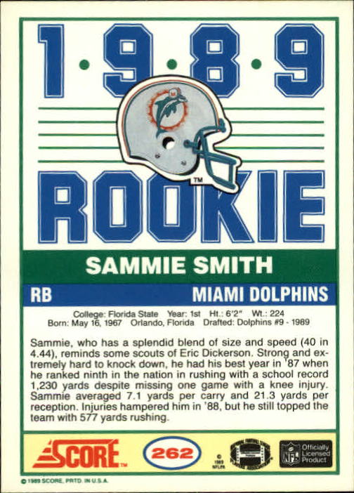 1989 Score #262 Sammie Smith RC back image